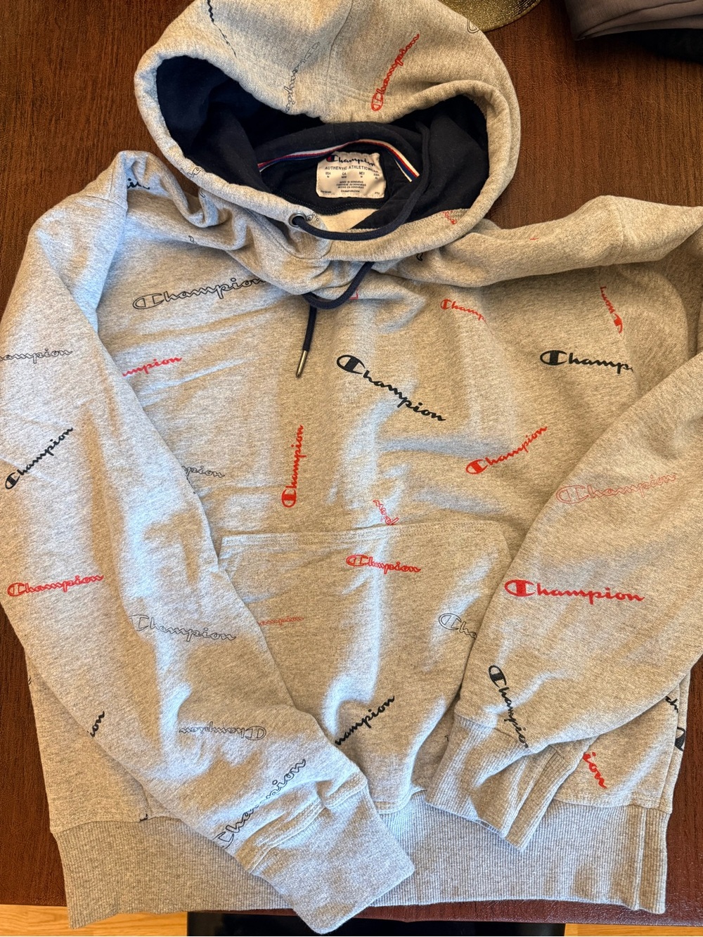 Champion Grey Hoodie with Red and Black Script Logos